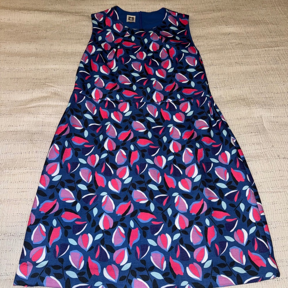 Anne Klein Blue Pink Floral Petal Print Sleeveless Fit and Flare Dress Size 14